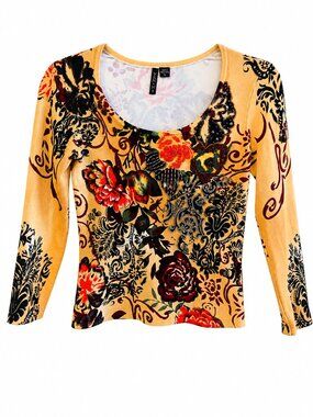 Venini Beaded Floral Baroque Long Sleeve Top XS Embellished Boho Sweater Top